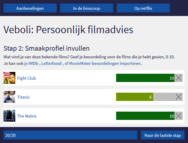 Afbeelding van de oude pagina voor het invullen van je smaakprofiel als je je inschrijft.