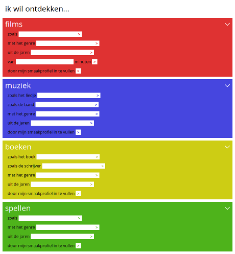 Design 4: screenshot of the new homepage. Options to get movie recommendations are in a red box, music in blue, books in yellow, and games in green.